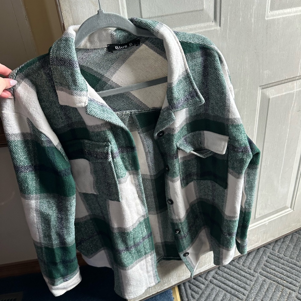 Green and White Plaid Button-Up Shirt